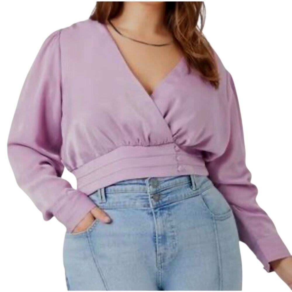 NWT Purple V-neck Satin Blouse top Long Sleeve Cropped 1X Pit to pit 21"